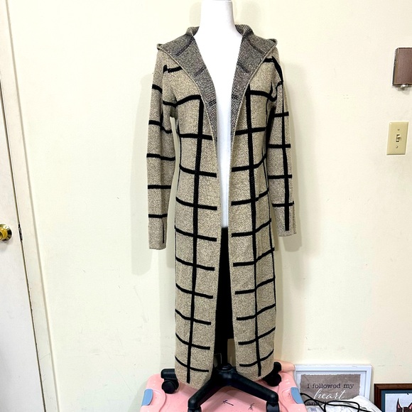 EUC Sioni Soft Thick Knit Tan & Brown Hoodie Open Front Cardigan Sweater Wrap M - Picture 1 of 14